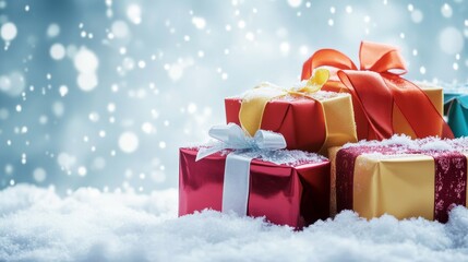 Wall Mural - Festive Christmas Gifts Wrapped in Snow - A group of Christmas presents wrapped in festive colors, adorned with bows, sitting on a snowy surface. The image evokes feelings of joy, anticipation, and th