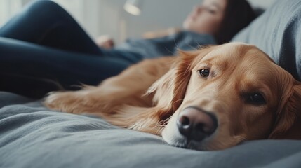 Wall Mural - Golden Retriever dog lying on the sofa with his owner