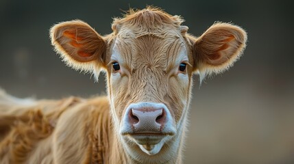 A close-up portrait of a young cow with light brown fur, focusing on its face and large expressive eyes with a blurred natural background