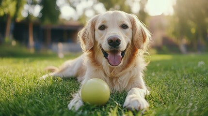 Portrait of a happy golden retriever dog playing with a rubber ball on a green lawn in summer