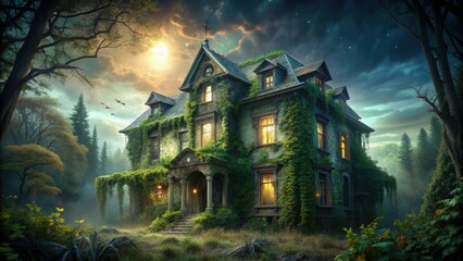 Spooky abandoned mansion looms in the darkness, eerie spotlight shining on crumbling facade, overgrown with vines, perfect for Halloween haunted house attraction promotional materials.