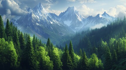 Canvas Print - Majestic Mountain Range with Lush Forest and Snowy Peaks - A breathtaking vista of snow-capped mountains, showcasing nature's grandeur, with lush forests, serene clouds, and a sense of tranquility.