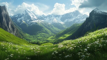 Poster - Majestic Mountain Range with Lush Green Valley and White Flowers - A breathtaking landscape showcasing a majestic mountain range with snow-capped peaks, a verdant valley covered in lush greenery, and 