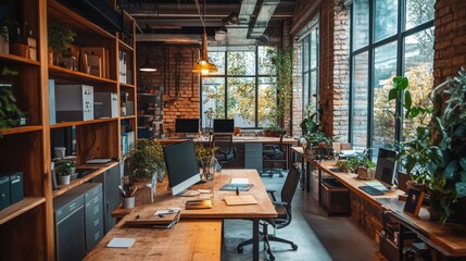 Poster - Modern Industrial Office Space with Natural Light and Greenery - A spacious and stylish office with exposed brick walls, large windows, wooden furniture, and lush greenery, symbolizing creativity, pro