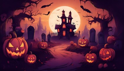 Wall Mural - halloween themed cartoon background with pumpkins, creepy ghosts, and witches, haunted house