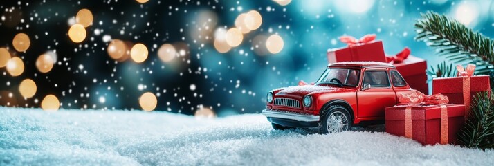 Poster - Red Toy Car Delivering Christmas Gifts in Snowy Winter Wonderland - A red toy car delivers gifts in a snowy winter scene. The car is loaded with presents, symbolizing the joy of giving during the holi