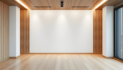 Wall Mural - Modern offWhite and wooden office hall with mock up wall isolated with white highlights, png