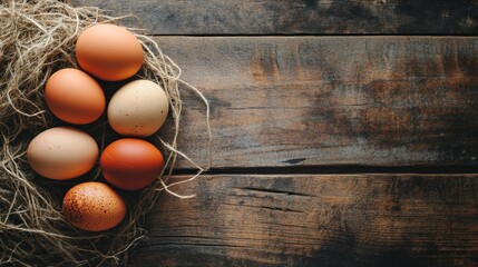 Rustic Farmhouse Eggs Nestled in Hay on Wooden Background - A group of six eggs, some speckled with brown, are arranged in a nest of hay on a rustic wooden background. The eggs represent new life, gro