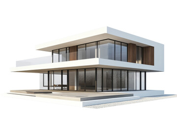 Modern two-story house with large glass windows, minimalist design, and spacious balconies in a contemporary architecture style.