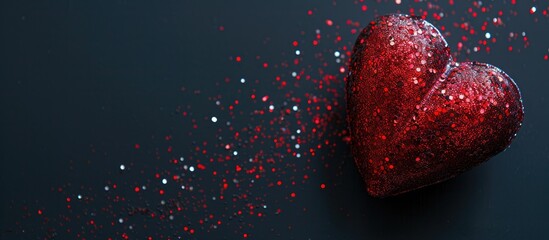 Poster - In the upper left corner of the black background, there is a red heart with glitter details, leaving space for text on the right side of the copy space image.
