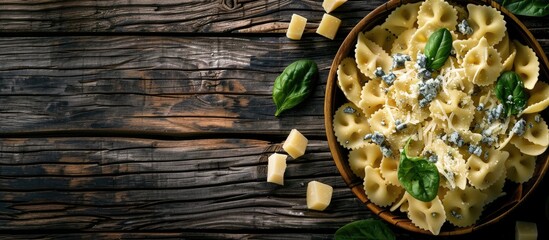 Wall Mural - Top-down view of pasta with spinach and blue cheese on a wooden surface, with empty space for text or other elements in the image. image with copy space