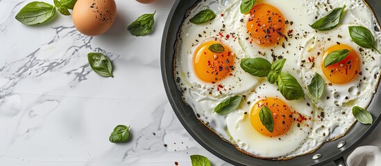 Wall Mural - Top-down view of delicious fried eggs with basil in a pan displayed on a white marble table with available space for adding text around the image. image with copy space