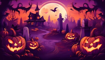 Wall Mural - halloween themed cartoon background with pumpkins, creepy ghosts, and witches, haunted house