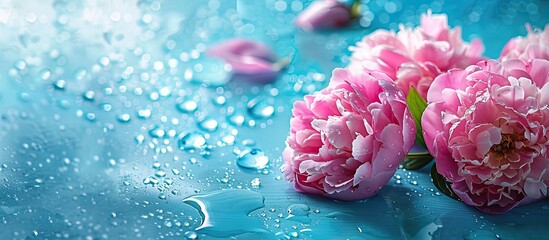 Poster - Pink peonies on a blue backdrop with water drops, creating a tranquil copy space image.