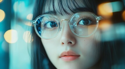 Young Woman Gazing Through Window with Lights in Background - A young woman with dark hair and round glasses looks thoughtfully through a window, with soft light reflecting in her eyes and illuminatin