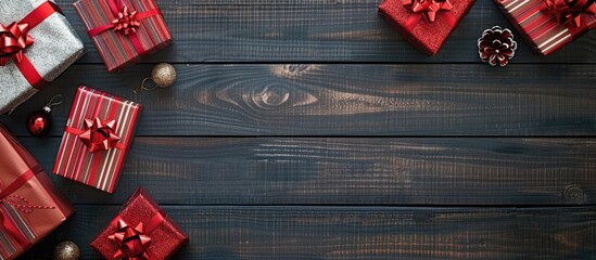 Wall Mural - Top view of Christmas gift boxes displayed on a grey wooden background with available copy space image.