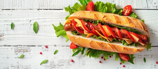 Wall Mural - Top-down view of a delicious sandwich featuring boiled sausage, cheese, and vegetables on a white wooden surface, with room for text in the image. image with copy space