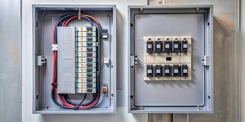 A close-up photo of an electrical circuit breaker box , safety, electrical, power, control, panel, technology, box, metal