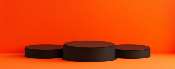 Poster - Black podiums on orange background, minimalistic design. Modern display stand concept