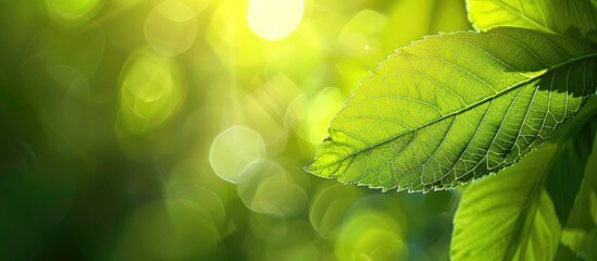 Wall Mural - Nature view with a close-up of a green leaf against a blurred green backdrop bathed in sunlight with bokeh effects, ideal for an ecology wallpaper or natural plants landscape with copy space image.