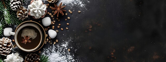 Christmas decorations and cup of tasty hot chocolate or cocoa with cinnamon on black background. Cozy sweet seasonal drink. Nordic hygge style. Flat lay, top view with copy space