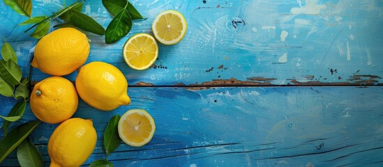 Wall Mural - Lemons with a refreshing aroma displayed on a blue wooden table with ample copy space image.