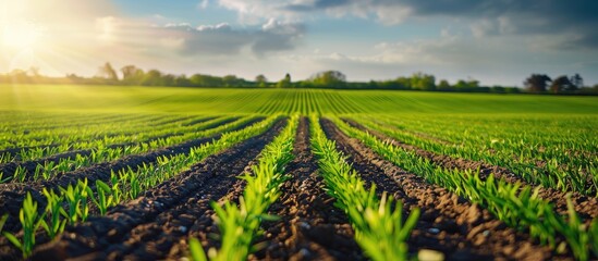 On a sunny spring morning, a field with rows of young green wheat sprouts, creating an ideal copy space image.