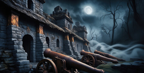 Detailed and realistic 4K wallpaper on a military theme featuring old cannons, and old buildings against a backdrop of smoky forest fog with an eerie atmosphere at night