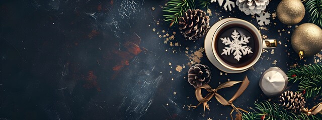 Christmas decorations and cup of tasty hot chocolate or cocoa with cinnamon on black background. Cozy sweet seasonal drink. Nordic hygge style. Flat lay, top view with copy space