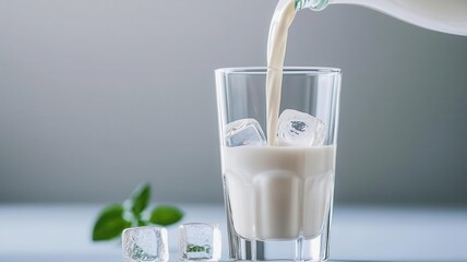 Almond milk being poured over ice cubes in a tall glass, photorealistic, refreshing plant-based drink on a summer day