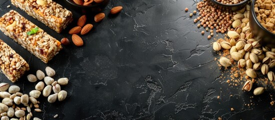 Various delicious energy bars, nuts, and protein powder displayed on a black table with ample copy space image.