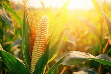 Poster - Close-up of a ripe corn cob bathed in warm sunlight with green leaves in the background.