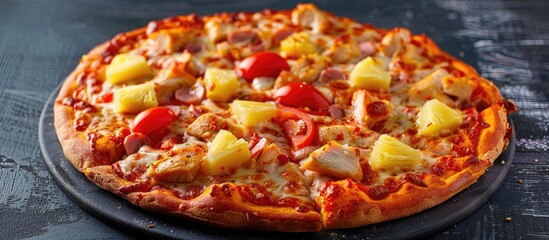 Wall Mural - Stone background with copy space image showcasing a tasty pizza topped with pineapple, tomato, mozzarella, and chicken fillet.