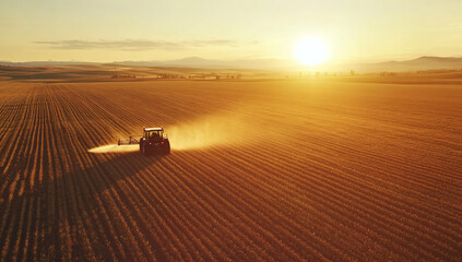 Canvas Print - Tractor in field at sunset.