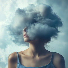 Wall Mural - young woman with her head in cloud. depression, loneliness and mental health concept. psychology the