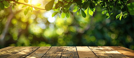 Outdoor counter display concept with empty wooden table set against a backdrop of green bokeh created by natural leaves and sunlight for copy space image.