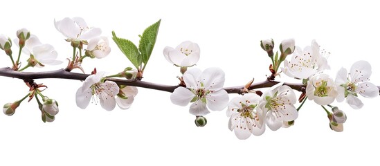 Wall Mural - Single spring tree branch with flowers and buds isolated on a white background for design with copy space image.