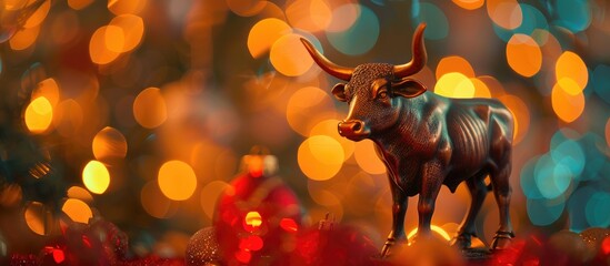 Wall Mural - The bull figurine, a symbol for the year, stands out on an abstract Christmas-themed background with a selective focus adding a creative touch to the copy space image.