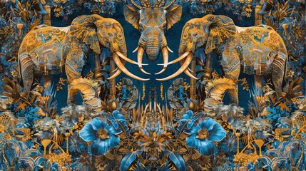 Sticker - Golden Elephants in a Blue Garden.