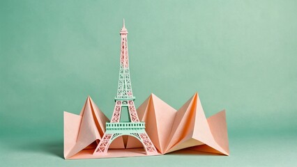 Folded paper Eiffel Tower on a pastel mint backdrop with space for writing