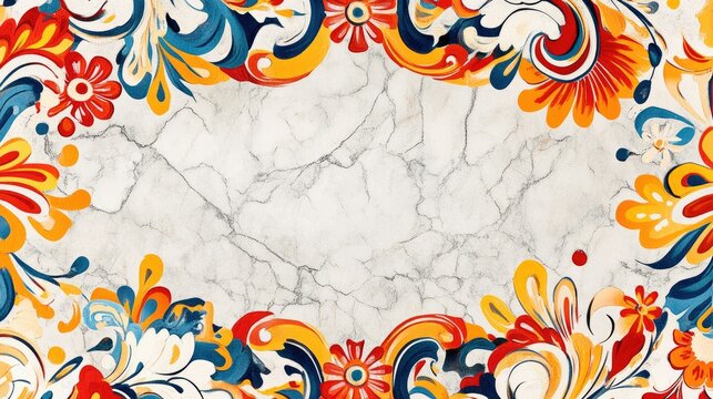 A cheerful carnival border featuring vibrant colors and patterns, placed on a sleek marble background