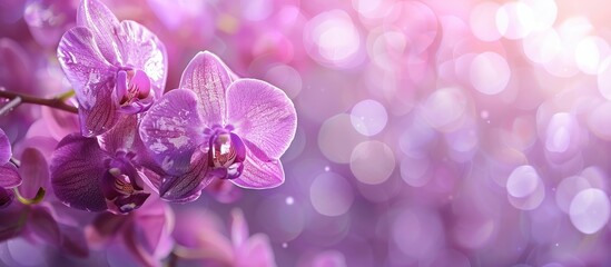 Wall Mural - Focused on purple orchids, the background is blurred in this close-up image, providing ample copy space.