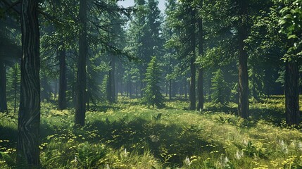 Poster - 3D Rendering of a Lush Forest with Sunlight Filtering Through the Canopy