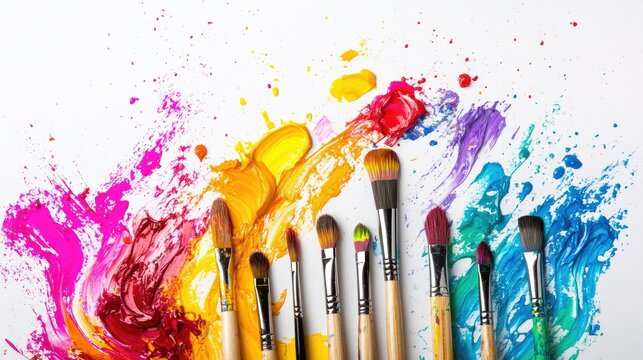 A dynamic arrangement of paintbrushes with splashes of bright, colorful paint on a white canvas background
