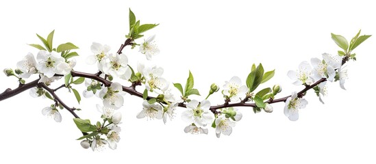 Wall Mural - Single spring tree branch with flowers and buds isolated on a white background for design with copy space image.