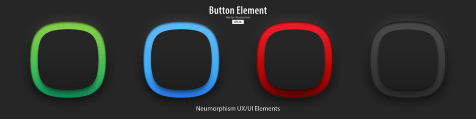 Fototapete - A set of black blank square buttons with light neon colors. Show on and off status. 3D Neumorphism buttons design style for Apps, Websites, Interfaces, and apps. UI UX. Vector illustration.