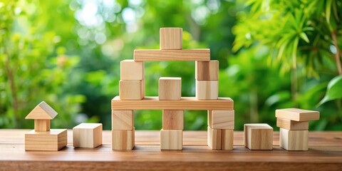 Poster - Wooden block toys used for building educational towers with a focus on balance and creativity , block play, toy brick, wood