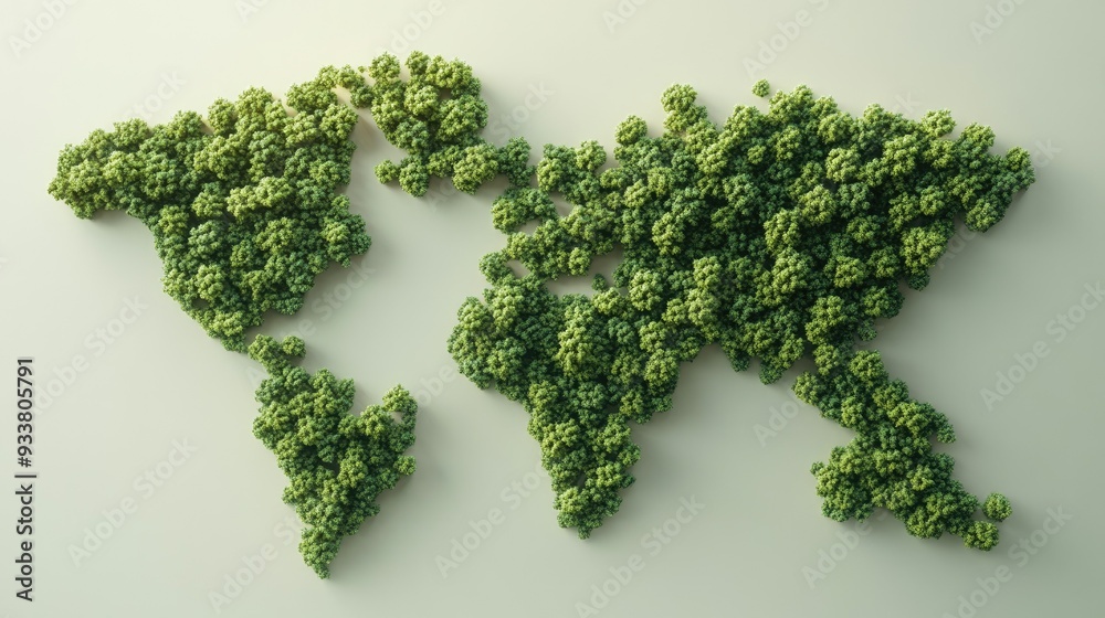 Earth map with continents formed by dense trees, set against a neutral ...
