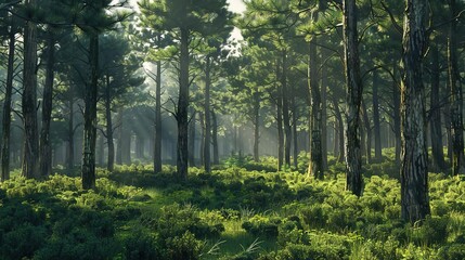 Sticker - Lush Green Forest with Tall Trees and Sunlight Shining Through 3D Illustration