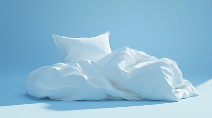 Canvas Print - White blanket and pillow and bedding on a blue